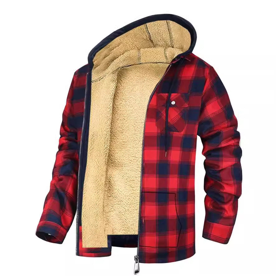 Men's Plaid Print Hooded Zip-Up Cotton-padded Winter Jacket