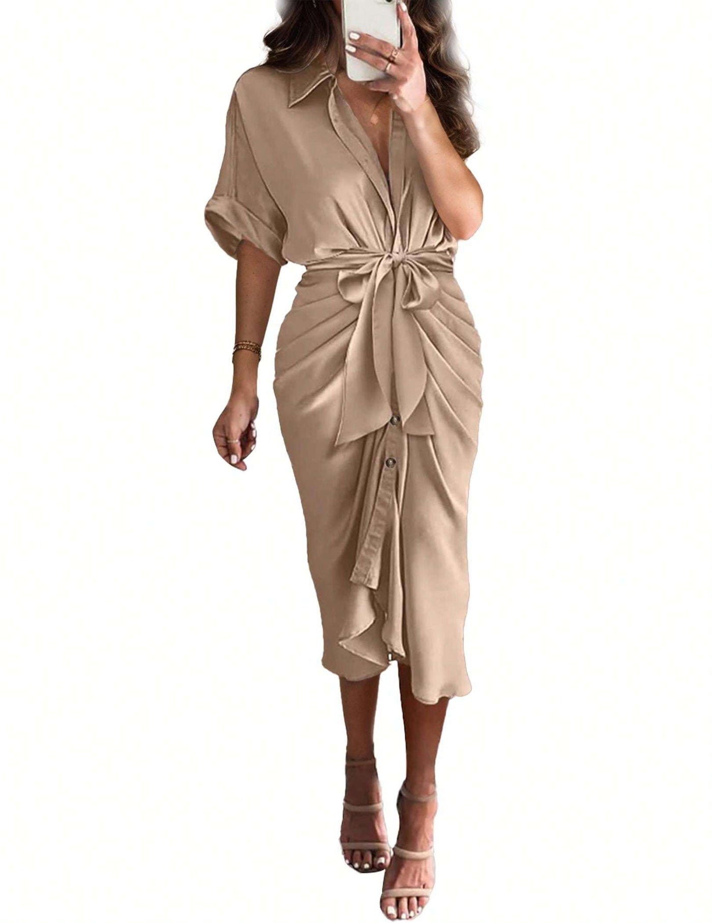 Womens Button Down Ruched Shirt V Neck Maxi Dress