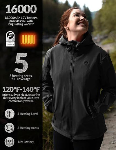 Heated Jacket For Women, ANTARCTICA GEAR Winter Coat with 12V 16000mAh Battery Pack, Soft Shell Heating Hooded Jacket