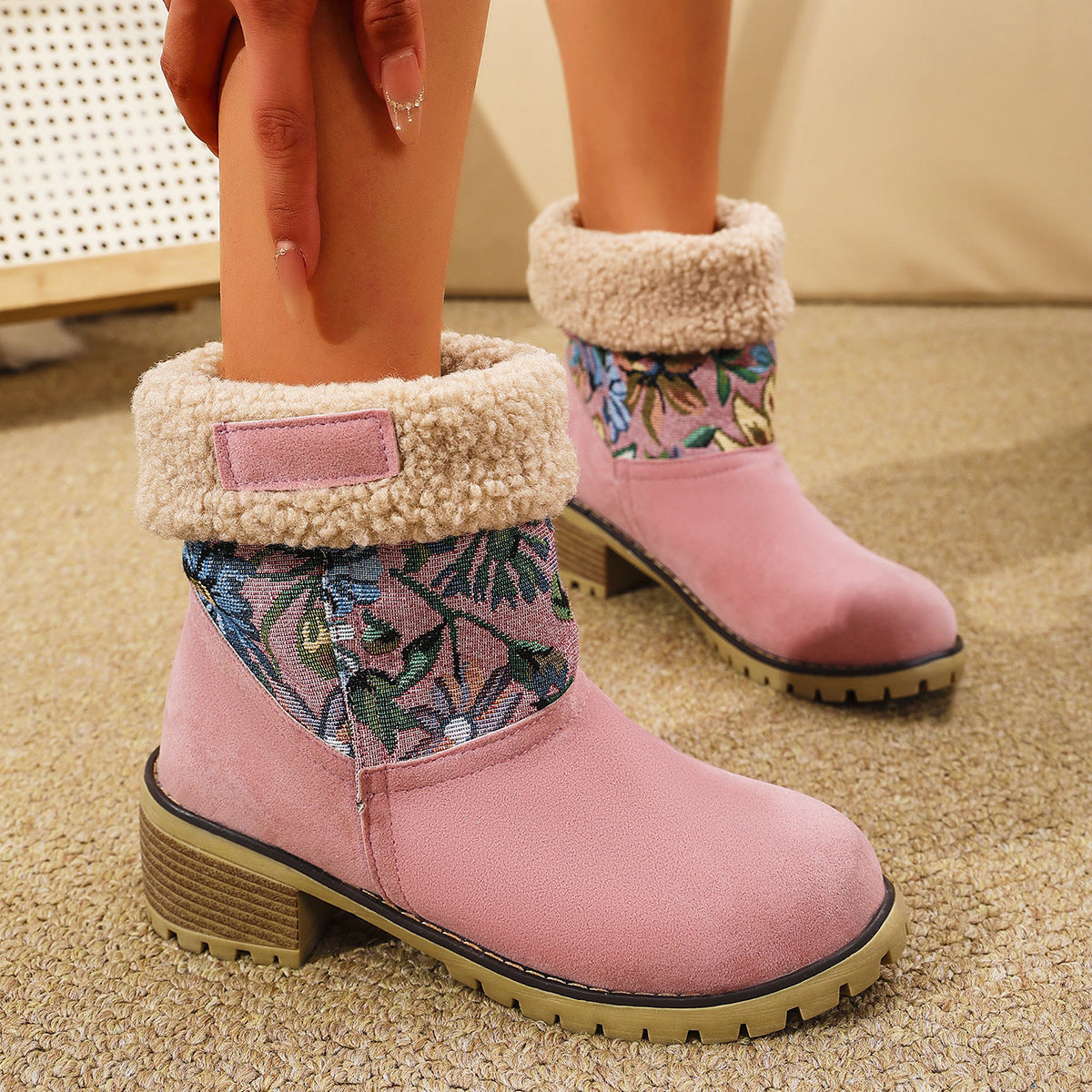 Flowers Embroidered Snow Boots Ethnic Style Platform Thick Square Heel