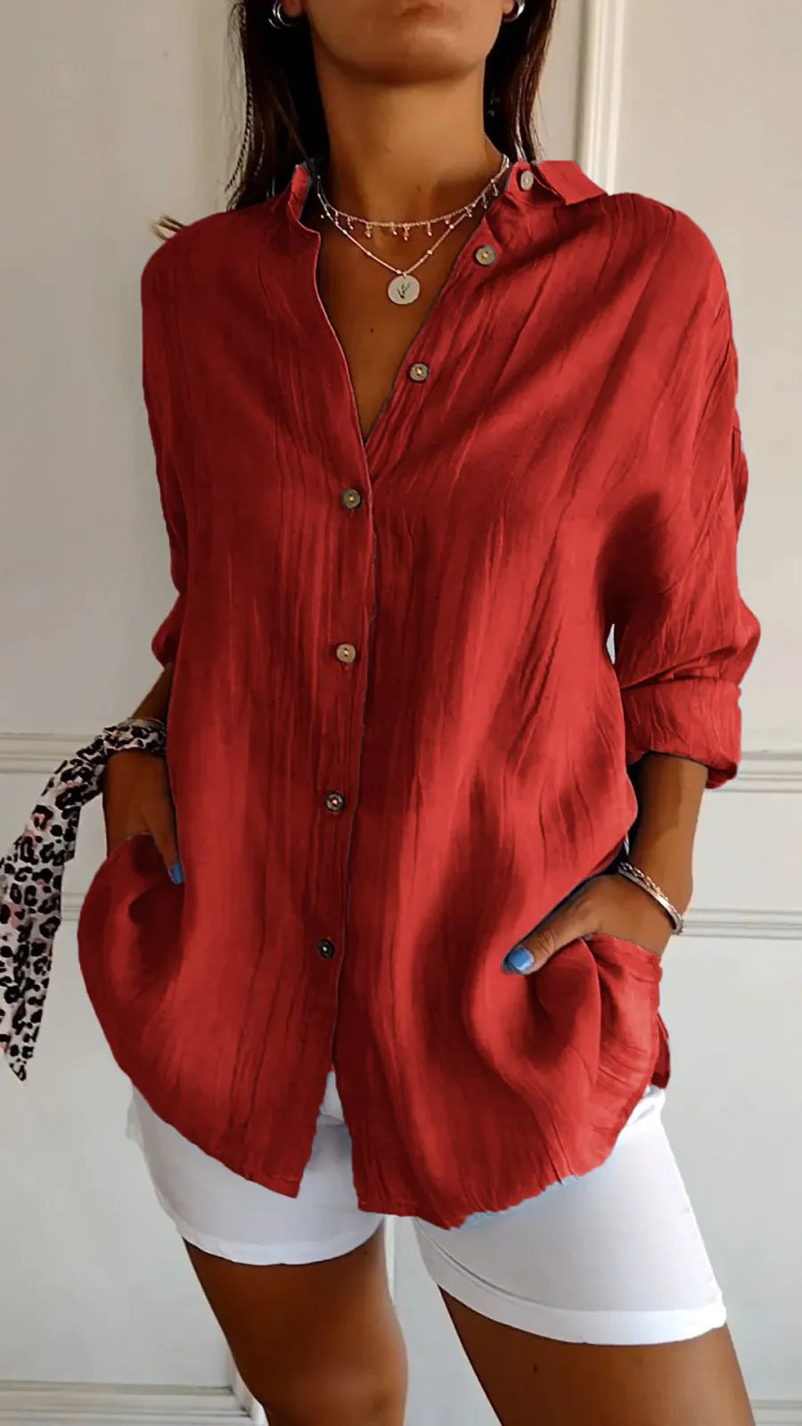 Long Sleeve Single-breasted Pleated Shirt