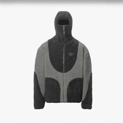 Men's Fashion Lambs Wool Hooded Zipper Sweatshirt Patchwork Line Design