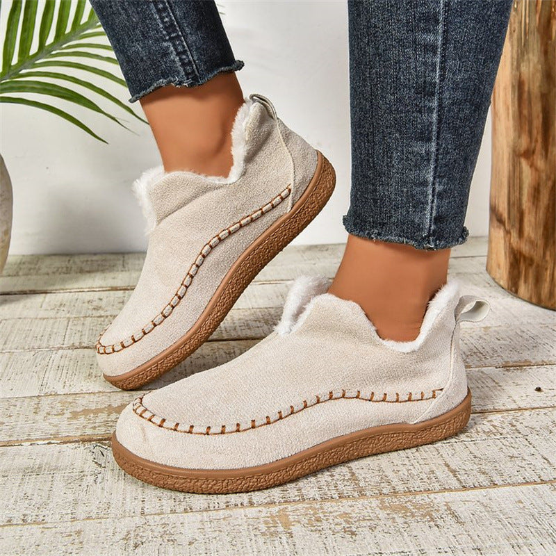 Fashion V-cut Plush Ankle Boots Casual Warm Solid Suede Cotton