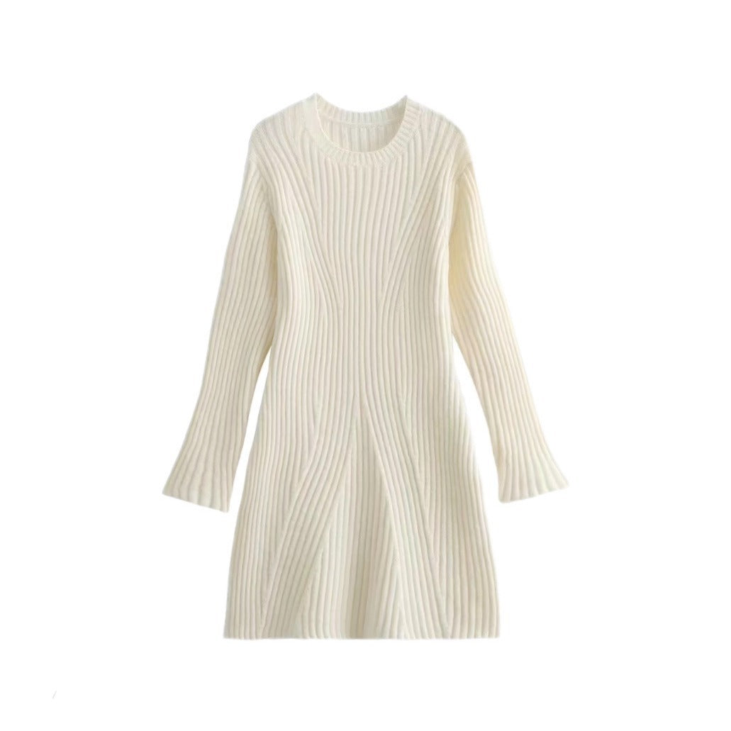 Solid Ribbed Knitted Dress Slim-fit Stand-up Collar A-line