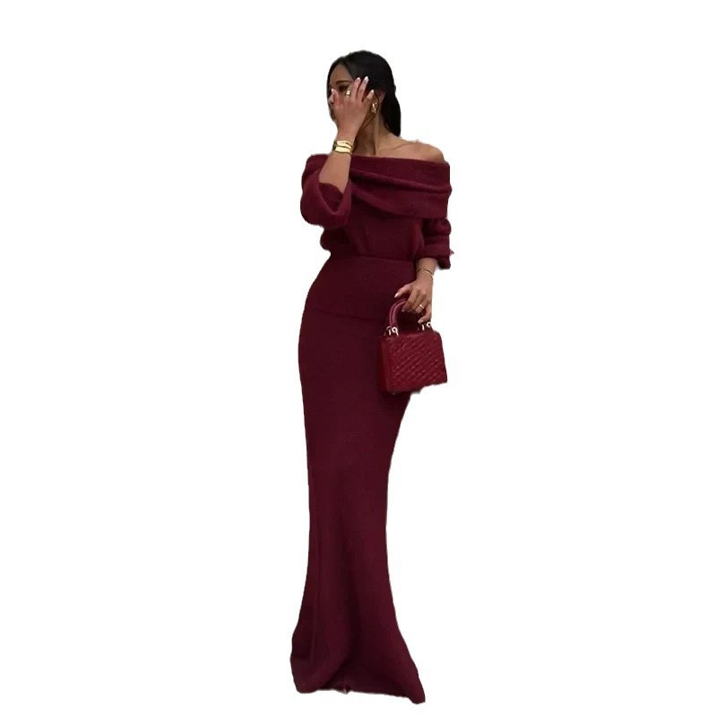 Pure Desire Style Off-shoulder Top Slim Fit Long Dress Two-piece Set