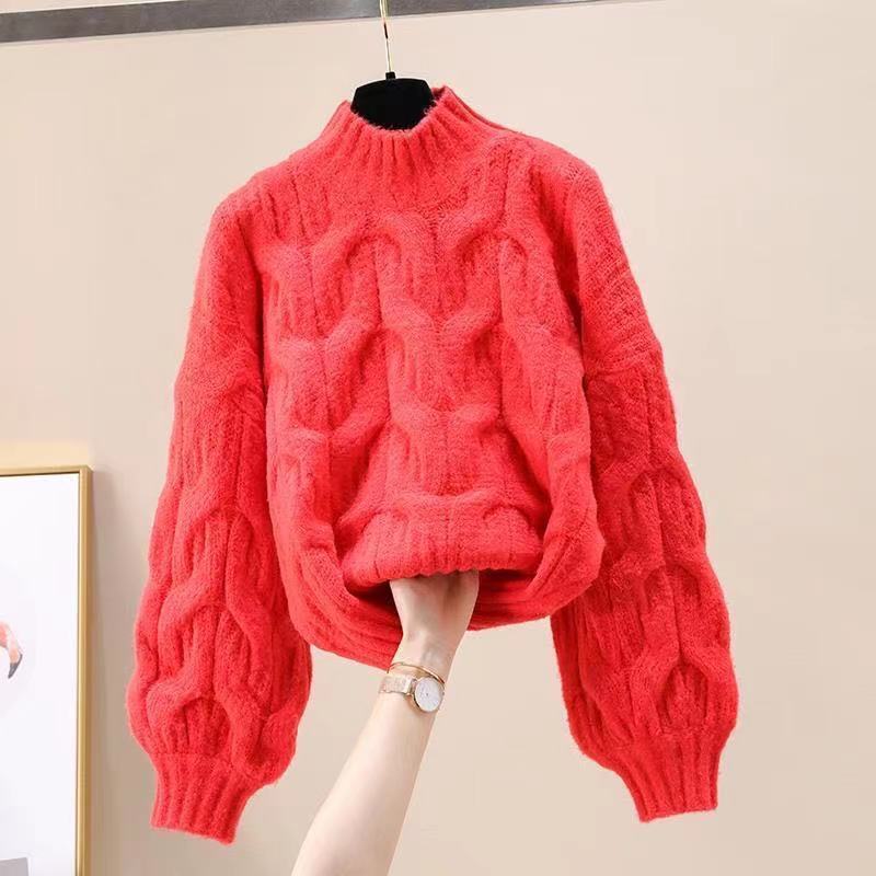 Half-high Collar Long Sleeve Pullover Sweater Loose Puff Sleeve Knitted Top