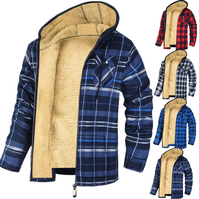 Men's Plaid Print Hooded Zip-Up Cotton-padded Winter Jacket