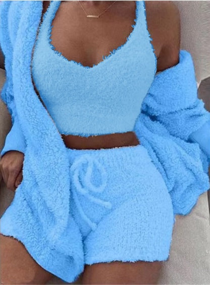 3-piece Long Sleeve Crop Tank Top and Drawstring Shorts Pajama Set