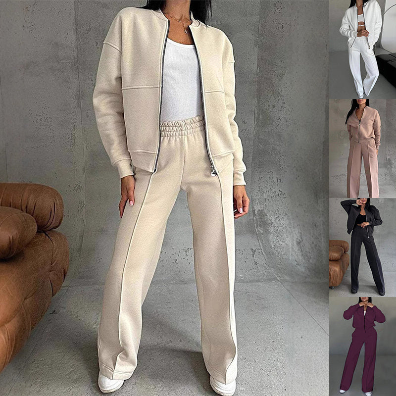 Women's Sports Suits Zipper Jacket and Wide Leg Pants Two-piece Set