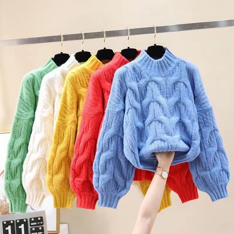 Half-high Collar Long Sleeve Pullover Sweater Loose Puff Sleeve Knitted Top