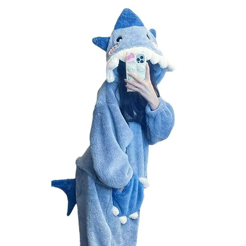 Sweet Cute Shark Hooded Coral Velvet Pajamas, Fleece Lined Padded