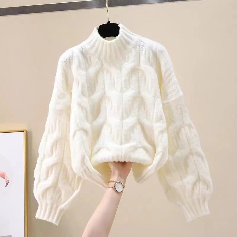 Half-high Collar Long Sleeve Pullover Sweater Loose Puff Sleeve Knitted Top