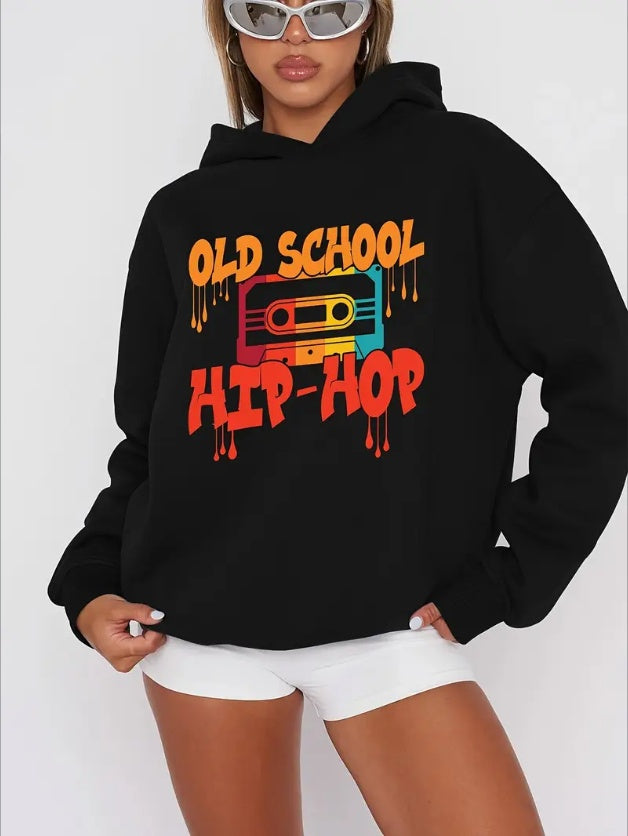 Hip Hop Print Drop Shoulder Hoodie, Casual Long Sleeve Hooded Sweatshirt