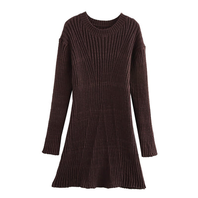 Solid Ribbed Knitted Dress Slim-fit Stand-up Collar A-line