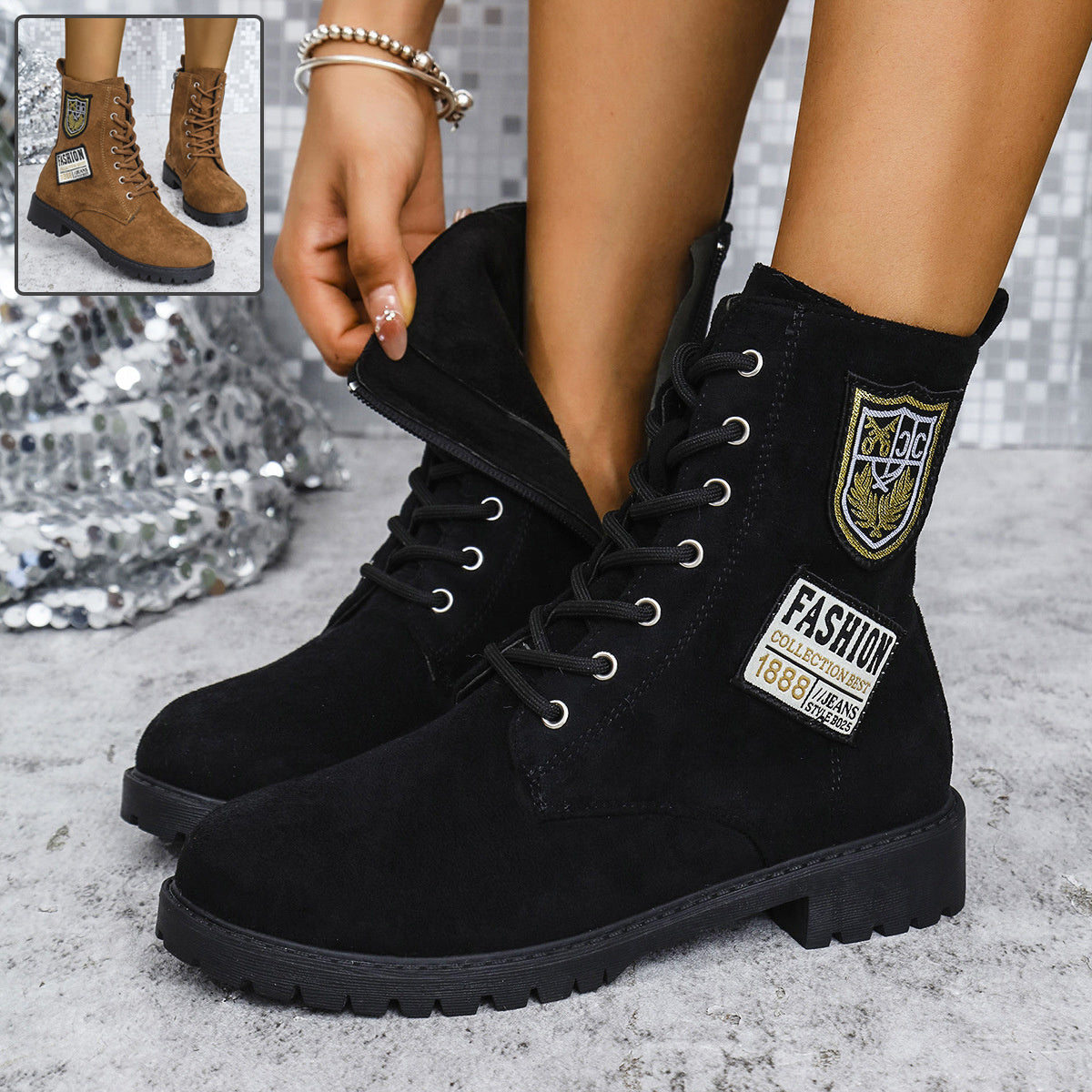 Fashion Lace-up Chunky Heels Winter Round Toe Boots