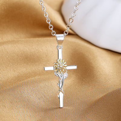 Cross Gold and Silver Two-color Sunflower Flower Hanging Pendant Necklace