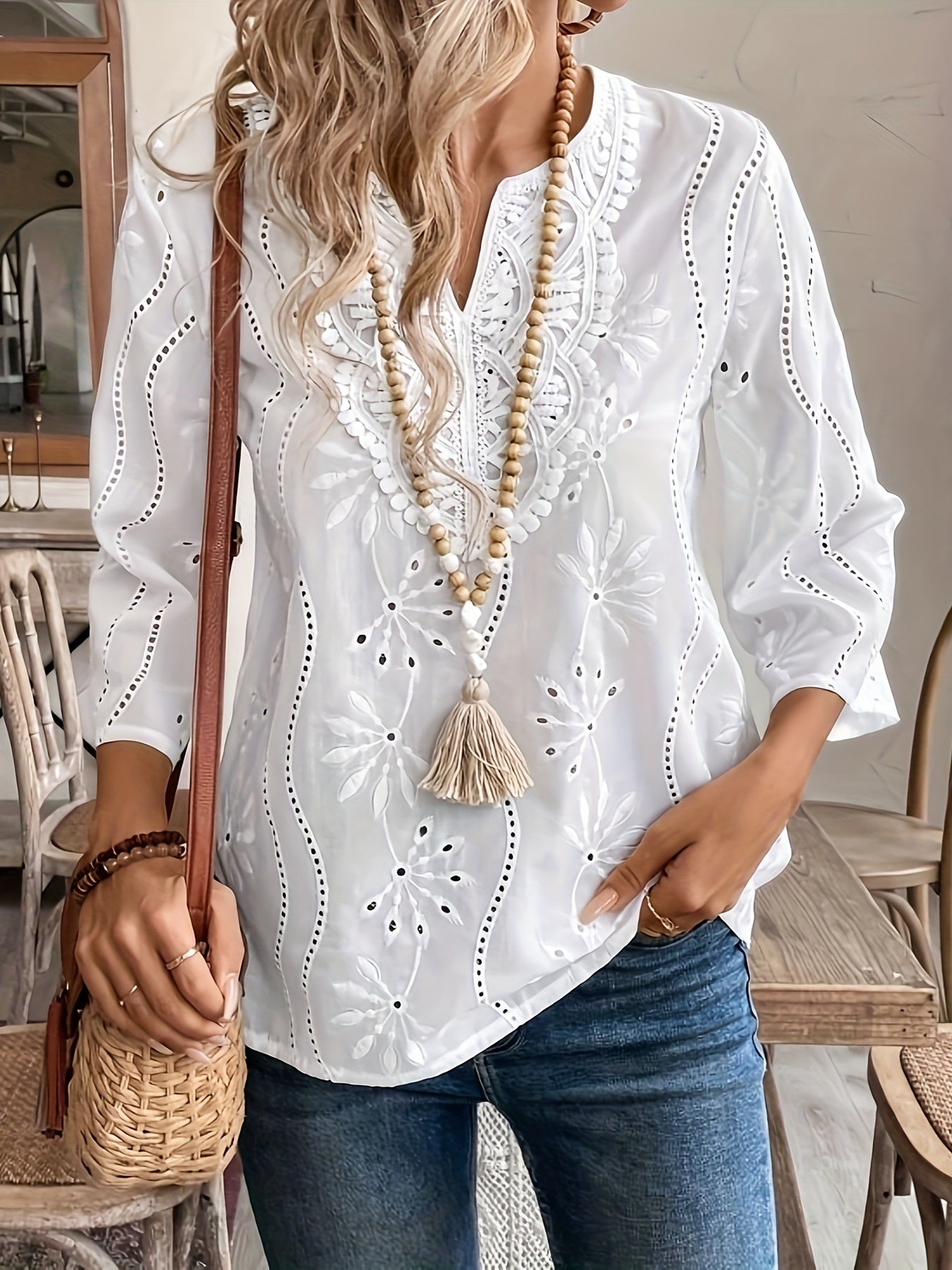 Loose V-Neck Embroidered Lace Top with Bell Sleeves