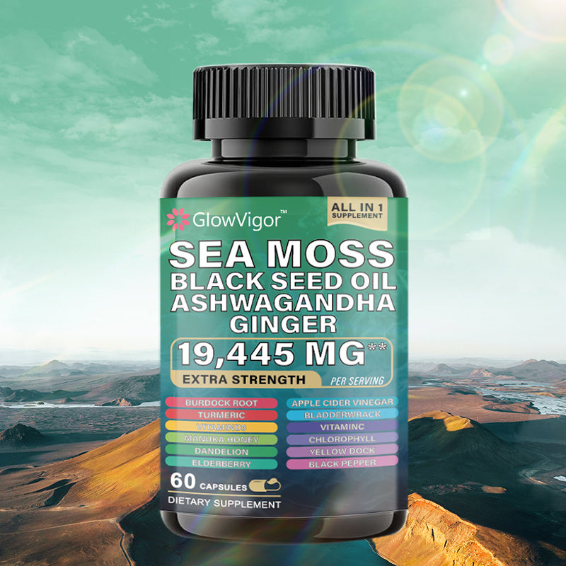 Sea Moss 7000mg Black Seed Oil 4000mg Ashwagandha 2000mg Turmeric 2000mg Bladderwrack 2000mg Burdock 2000mg & Ginger Vitamin C Vitamin D3