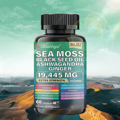 Sea Moss 7000mg Black Seed Oil 4000mg Ashwagandha 2000mg Turmeric 2000mg Bladderwrack 2000mg Burdock 2000mg & Ginger Vitamin C Vitamin D3