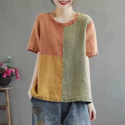 Cotton Linen Contrast Color T-shirt Artistic Design