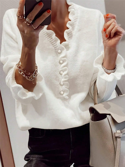 Winter V-neck Long-sleeved Ruffled Knitted Sweater