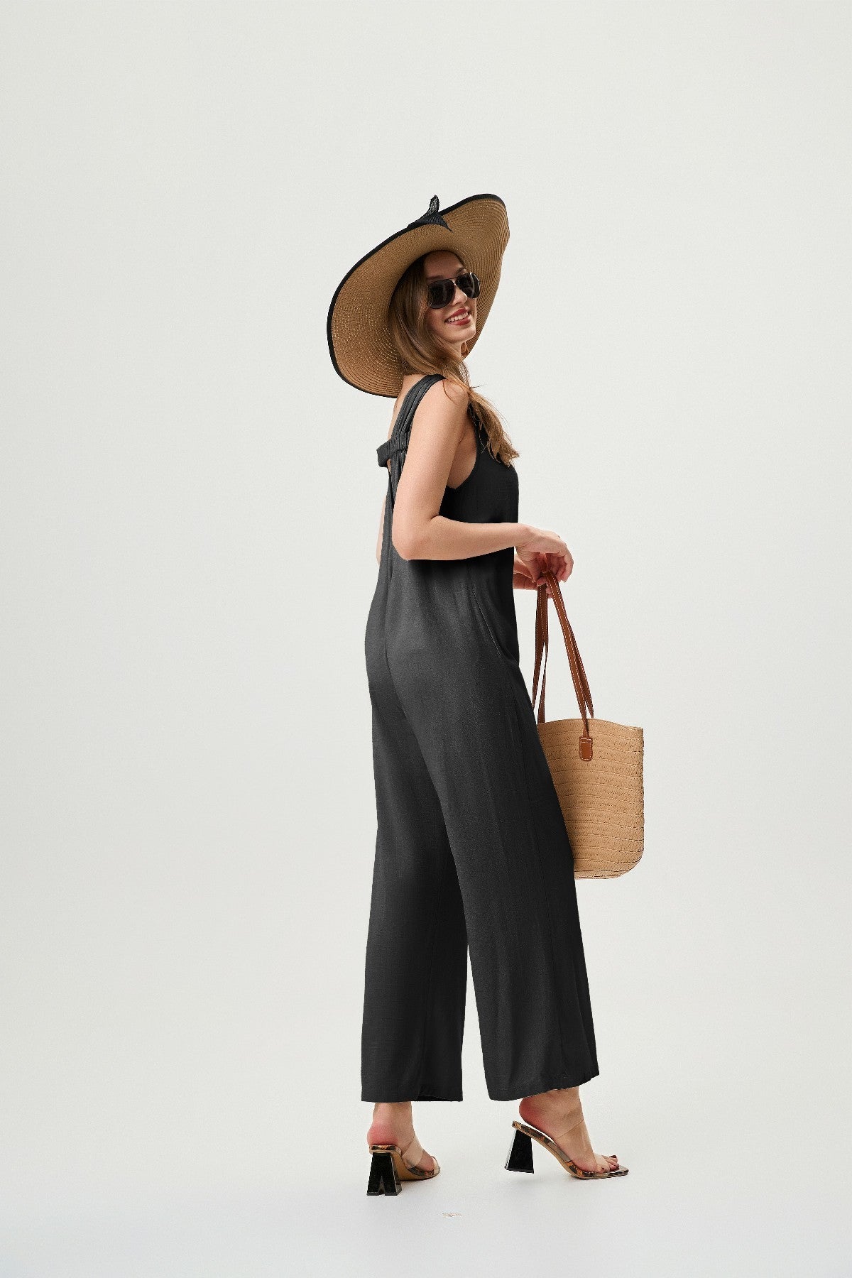 Women's Linen Jumpsuit - Comfortable And Breathable, Elastic Back With Classic H-Line Design And Pockets