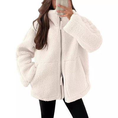 Winter Lapel Casual Fashion Solid Fleece Zip-up Coat with Pockets