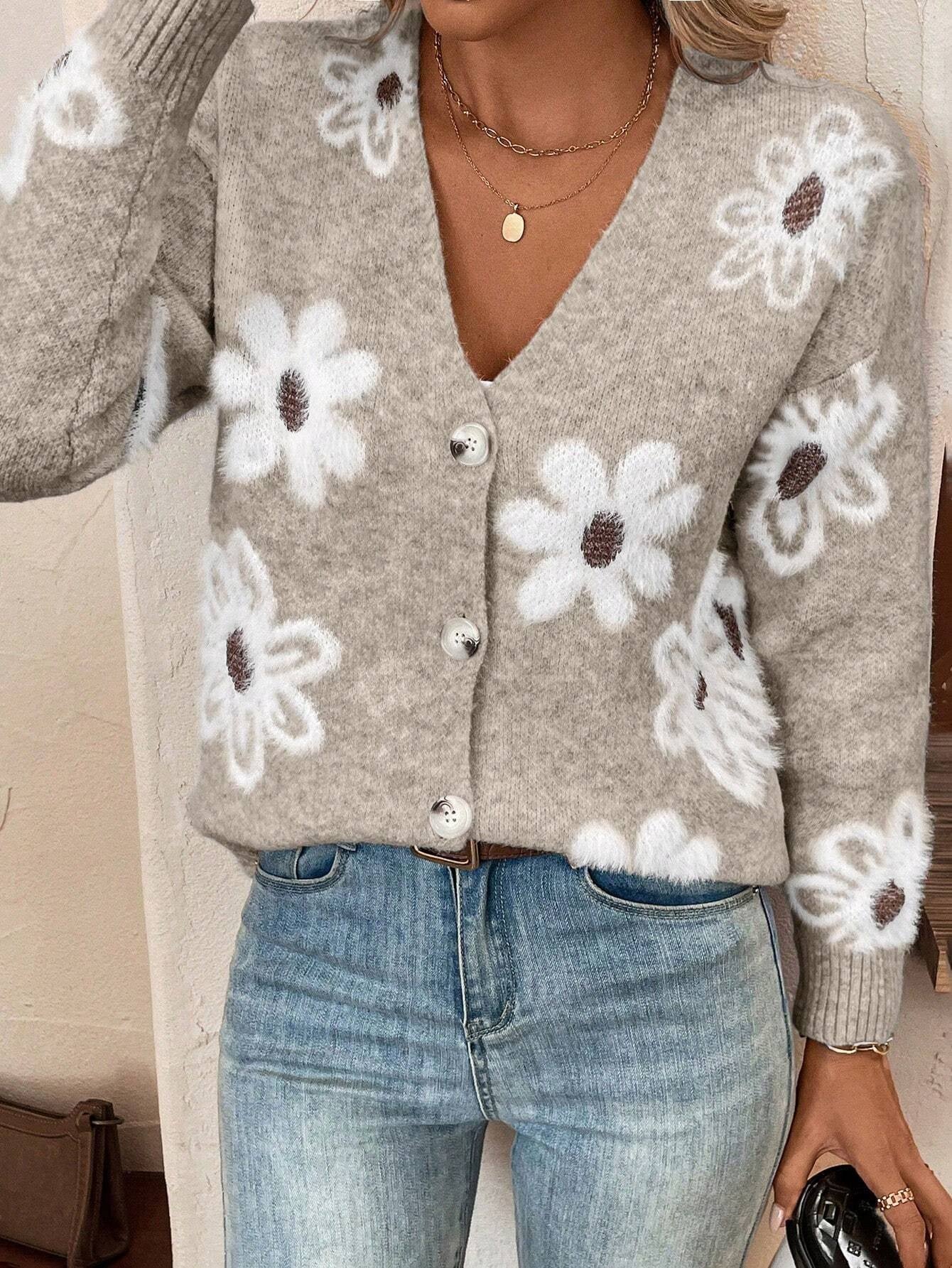 SHEIN Relaxiva Floral Pattern Button Front Cardigan