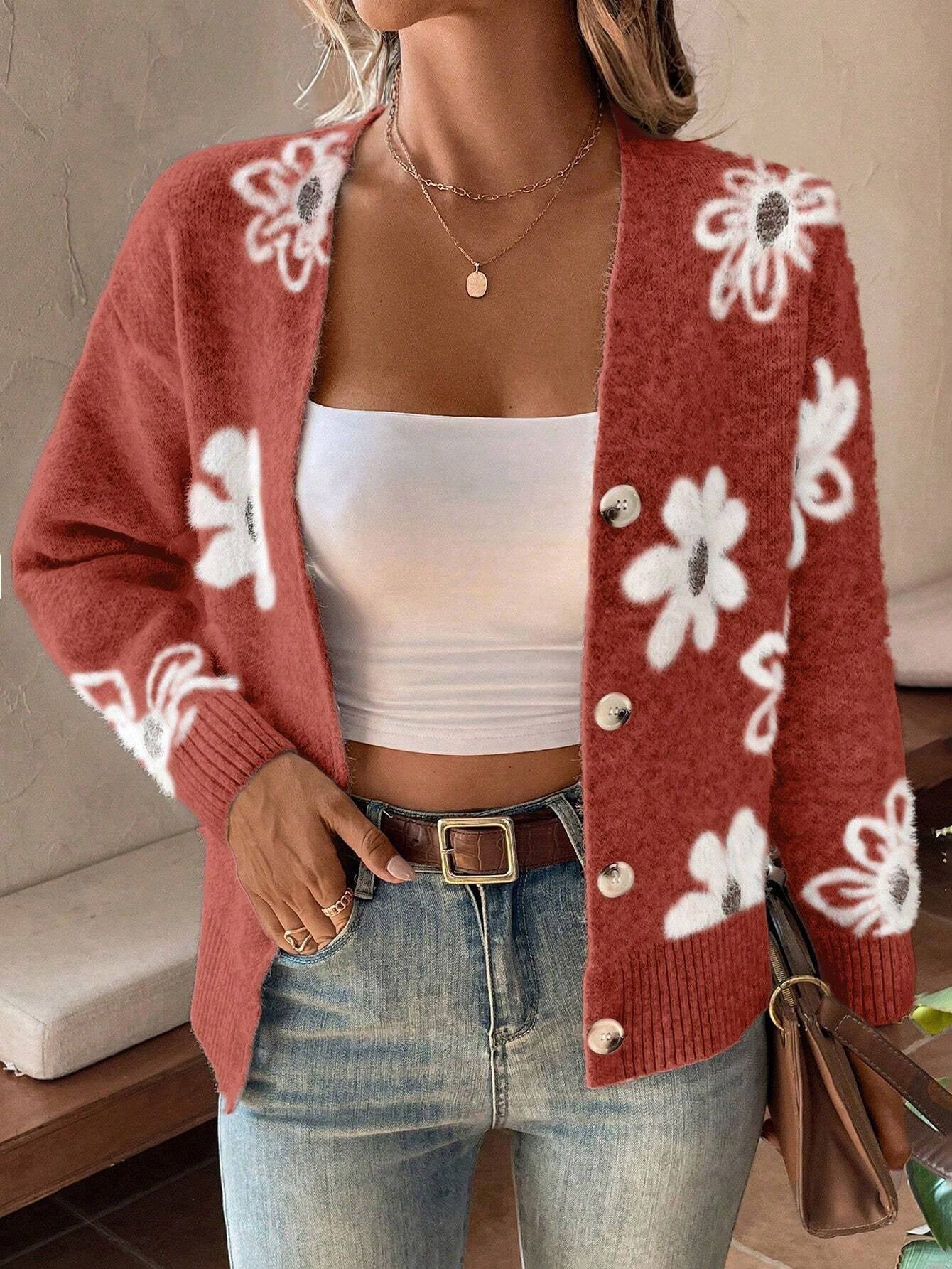 SHEIN Relaxiva Floral Pattern Button Front Cardigan