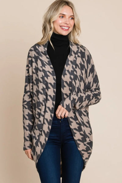 BOMBOM Houndstooth Open Front Knit Cardigan