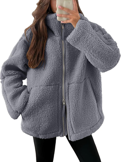 Winter Lapel Casual Fashion Solid Fleece Zip-up Coat with Pockets