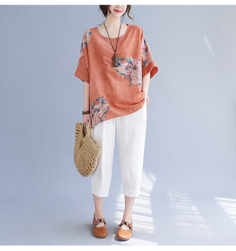 Korean Cotton Hemp Half Sleeve Summer Top