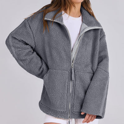 Winter Lapel Casual Fashion Solid Fleece Zip-up Coat with Pockets