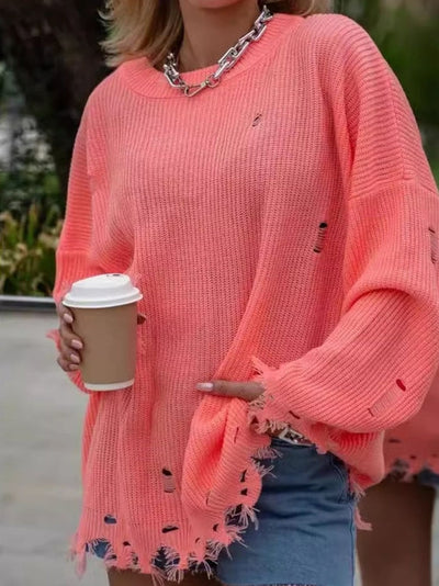 Distressed Round Neck Long Sleeve Sweater                            .