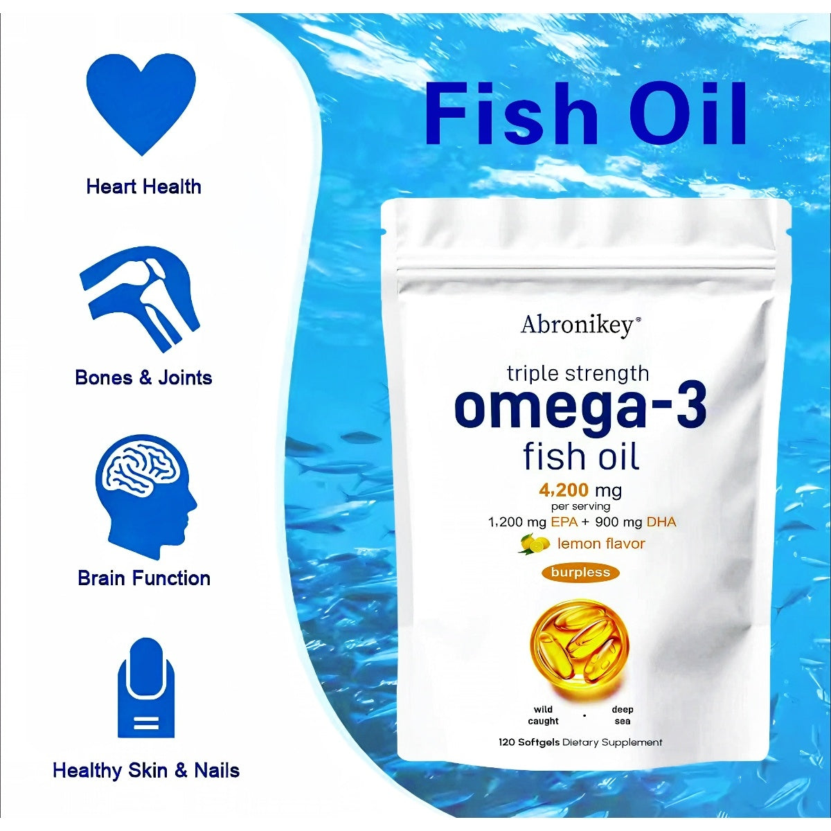 Abronikey Triple Strength  Omega-3 Fish Oil Supplements 4200mg Per Serving