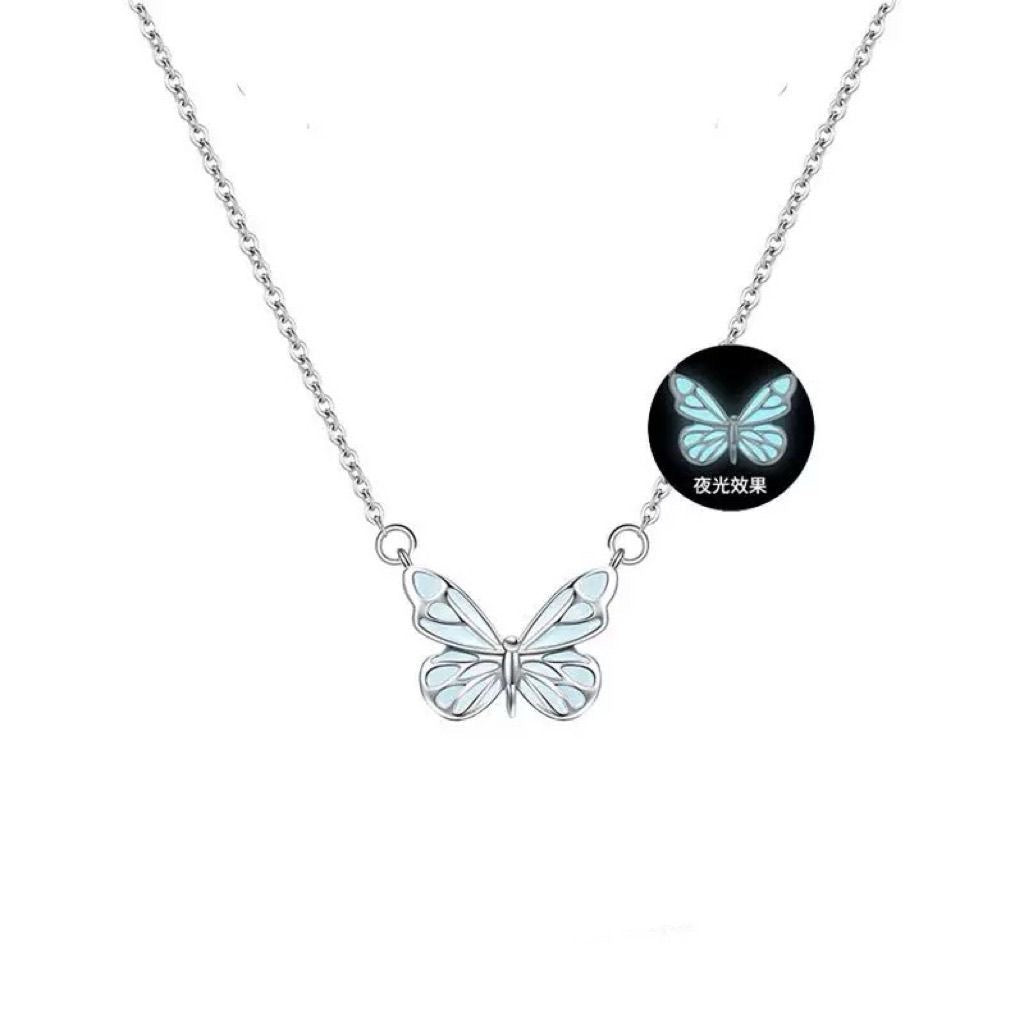 Fashion Blue Luminous Butterfly Necklace Bracelet Set for Glow In The Dark