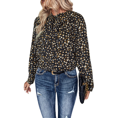 Shirt Pullover Long Sleeve Bow Collar Printed