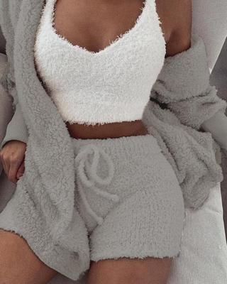 3-piece Long Sleeve Crop Tank Top and Drawstring Shorts Pajama Set