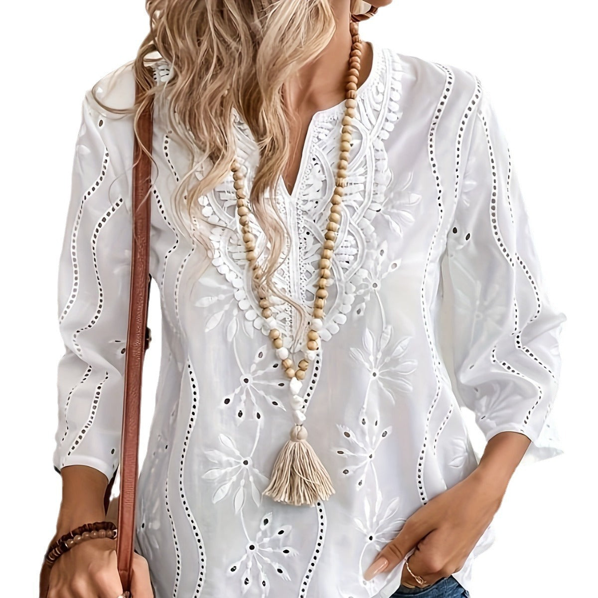 Loose V-Neck Embroidered Lace Top with Bell Sleeves