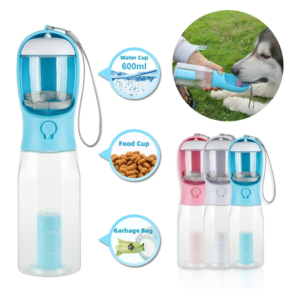 Portable Cat/Dog Water Bottle Food Feeder, Drinker - Poop Dispenser, 3 In 1 Leak-proof Multifunctional Dog Water Bottle