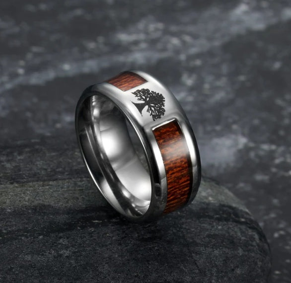 Asgard Handcrafted Stainless Steel Celtic Tree Of Life And Wood Inset Wedding Ring