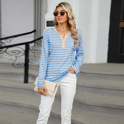 Women's V-neck Striped Loose Long-sleeved T-shirt