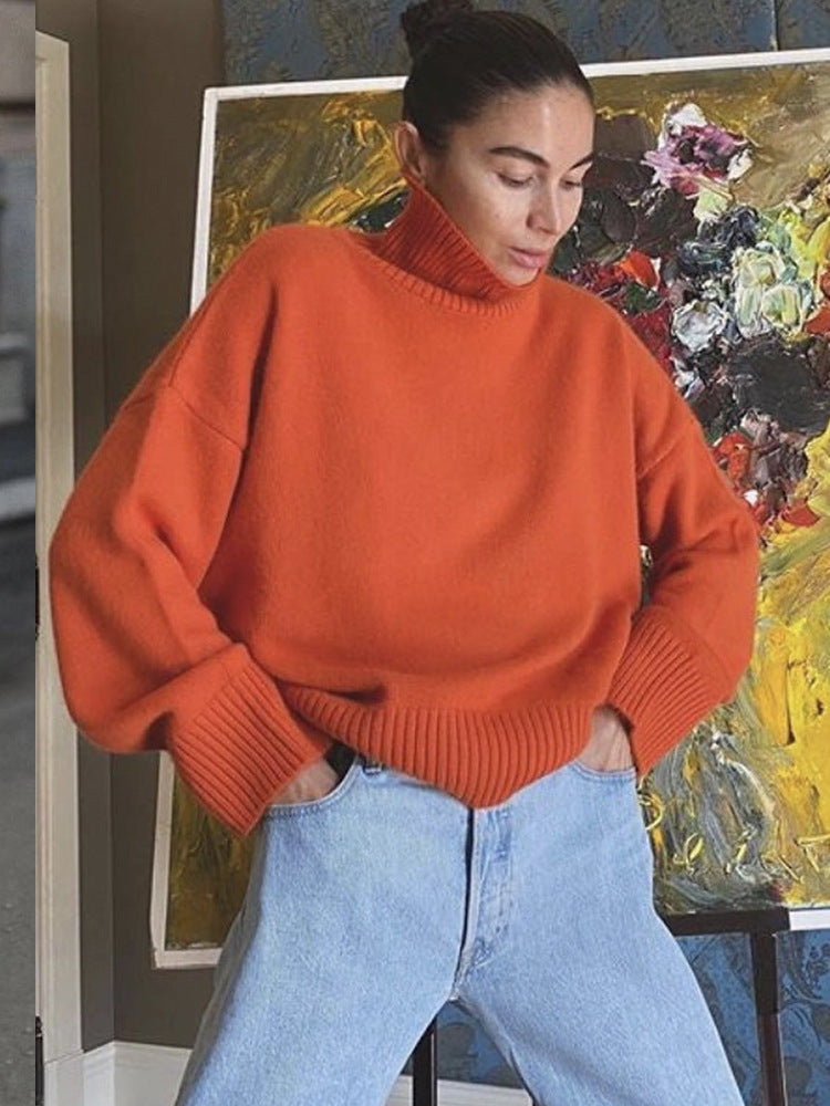 Multi-color Turtleneck Solid Color Sweater