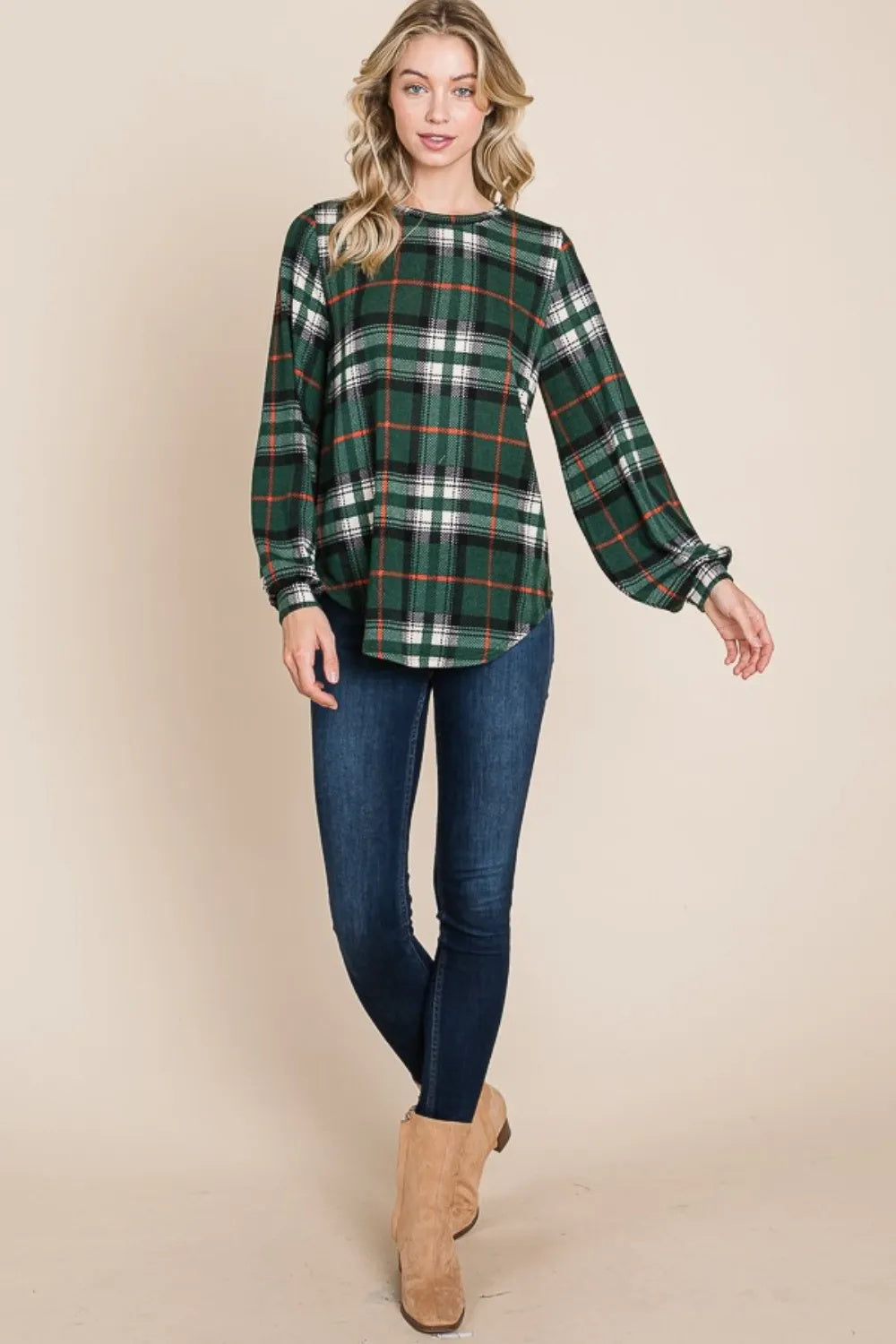 BOMBOM Curved Hem Plaid Round Neck Long Sleeve Top