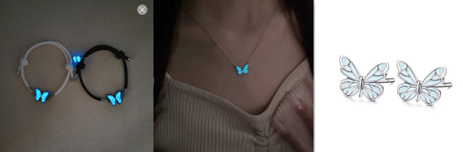 Fashion Blue Luminous Butterfly Necklace Bracelet Set for Glow In The Dark