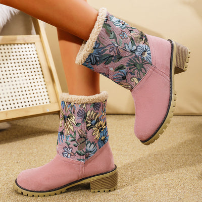 Flowers Embroidered Snow Boots Ethnic Style Platform Thick Square Heel