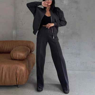 Women's Sports Suits Zipper Jacket and Wide Leg Pants Two-piece Set