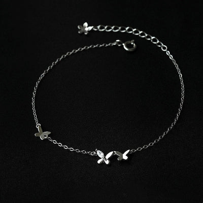 S925 Sterling Silver Butterfly Zircon Anklet Flower Tassel