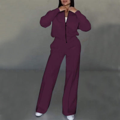 Women's Sports Suits Zipper Jacket and Wide Leg Pants Two-piece Set