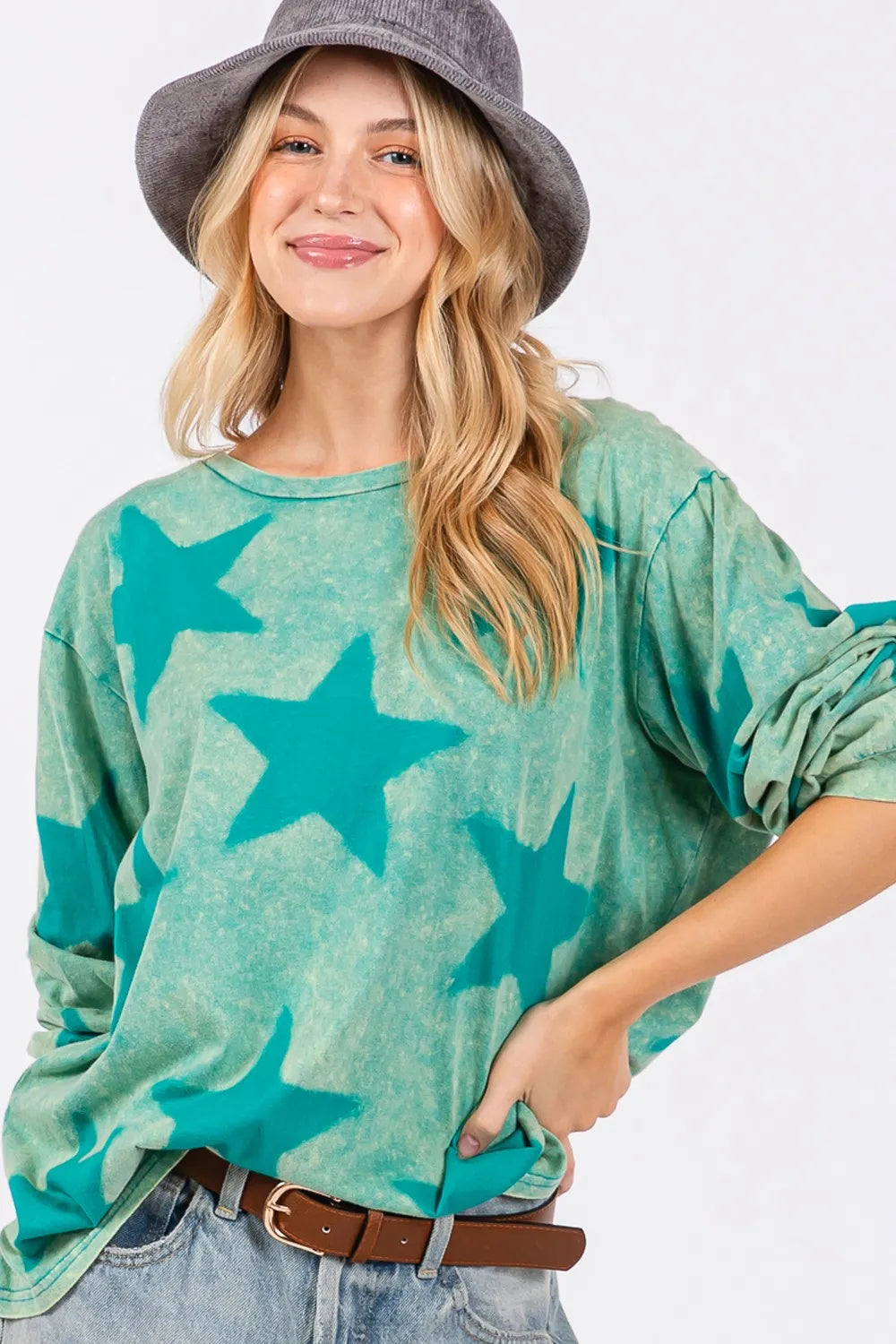 SAGE FIG Mineral Wash Star Pattern T-Shirt